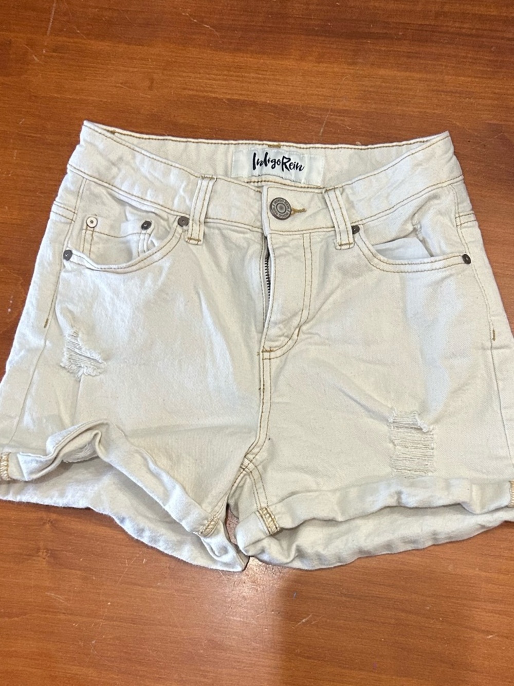 Indigo Rein Cream Distressed High-Rise Denim Shorts